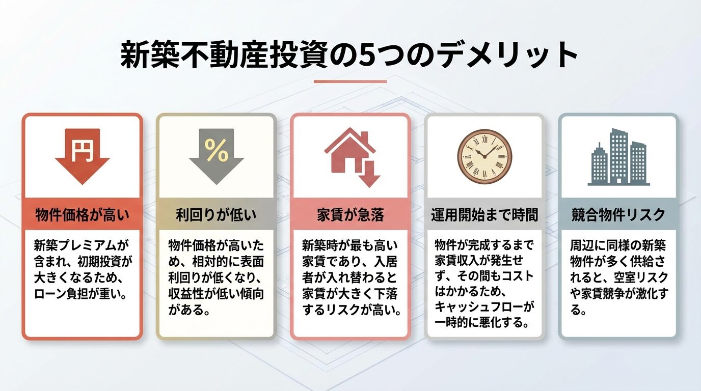 タイトル: 新築不動産投資の5つのデメリット。横並び5カードで: カード1（円マーク下矢印）物件価格が高い、カード2（%マーク下矢印）利回りが低い、カード3（家下矢印）家賃が急落、カード4（時計アイコン）運用開始まで時間、カード5（ビル群）競合物件リスク