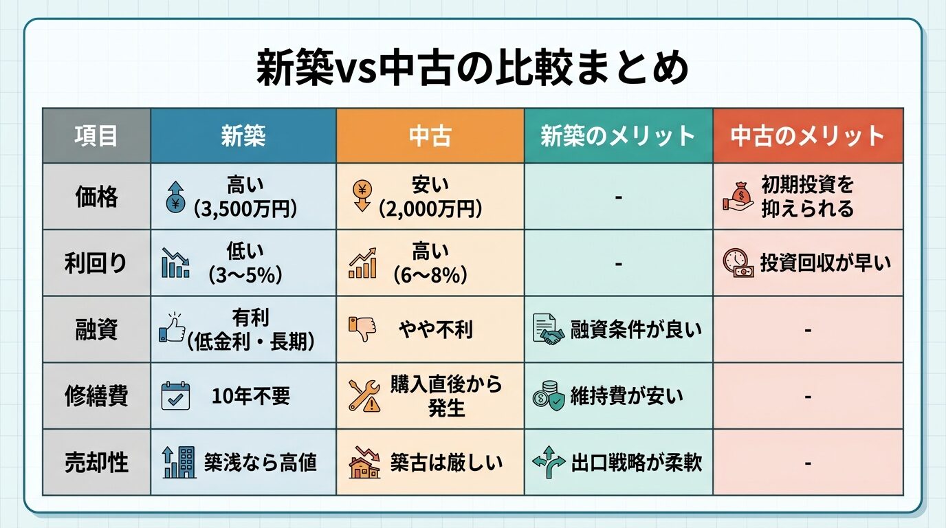 タイトル: 新築vs中古の比較まとめ。5列の表: ヘッダー行: 項目 | 新築 | 中古 | 新築のメリット | 中古のメリット。行1: 価格 | 高い（3,500万円） | 安い（2,000万円） | - | 初期投資を抑えられる。行2: 利回り | 低い（3〜5%） | 高い（6〜8%） | - | 投資回収が早い。行3: 融資 | 有利（低金利・長期） | やや不利 | 融資条件が良い | -。行4: 修繕費 | 10年不要 | 購入直後から発生 | 維持費が安い | -。行5: 売却性 | 築浅なら高値 | 築古は厳しい | 出口戦略が柔軟 | -