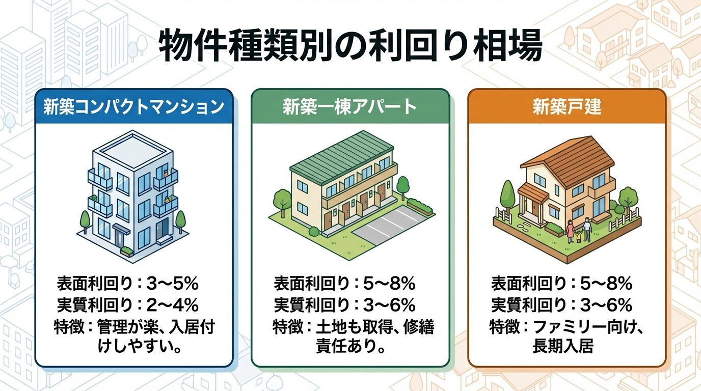 タイトル: 物件種類別の利回り相場。横並び3カードで: カード1（マンションアイコン）ヘッダー: 新築コンパクトマンション、表面利回り: 3〜5%、実質利回り: 2〜4%、特徴: 管理が楽、入居付けしやすい。カード2（アパートアイコン）ヘッダー: 新築一棟アパート、表面利回り: 5〜8%、実質利回り: 3〜6%、特徴: 土地も取得、修繕責任あり。カード3（家アイコン）ヘッダー: 新築戸建、表面利回り: 5〜8%、実質利回り: 3〜6%、特徴: ファミリー向け、長期入居
