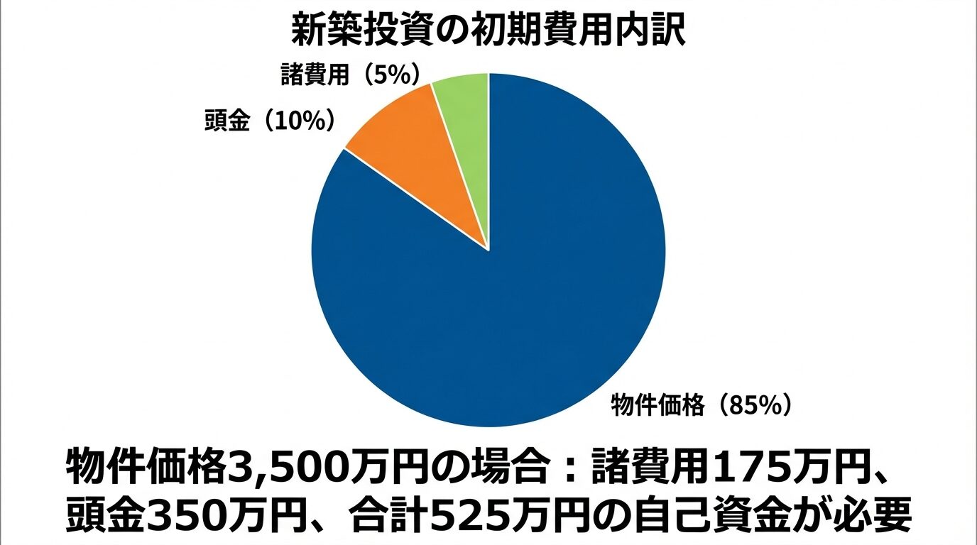 タイトル: 新築投資の初期費用内訳。円グラフで: 物件価格（85%）、諸費用（5%）、頭金（10%）。下部に「物件価格3,500万円の場合: 諸費用175万円、頭金350万円、合計525万円の自己資金が必要」のテキスト