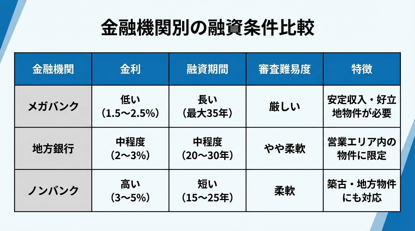 タイトル: 金融機関別の融資条件比較。5列の表: ヘッダー行: 金融機関 | 金利 | 融資期間 | 審査難易度 | 特徴。行1: メガバンク | 低い（1.5〜2.5%） | 長い（最大35年） | 厳しい | 安定収入・好立地物件が必要。行2: 地方銀行 | 中程度（2〜3%） | 中程度（20〜30年） | やや柔軟 | 営業エリア内の物件に限定。行3: ノンバンク | 高い（3〜5%） | 短い（15〜25年） | 柔軟 | 築古・地方物件にも対応
