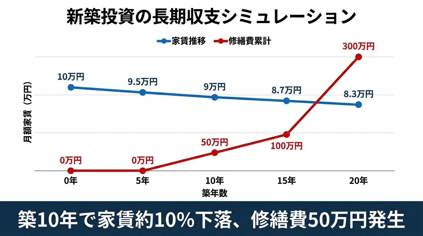 タイトル: 新築投資の長期収支シミュレーション。折れ線グラフで横軸: 築年数（0年、5年、10年、15年、20年）、縦軸: 月額家賃（万円）。青線: 家賃推移（10万円&rarr;9.5万円&rarr;9万円&rarr;8.7万円&rarr;8.3万円）。赤線: 修繕費累計（0&rarr;0&rarr;50万円&rarr;100万円&rarr;300万円）。下部に「築10年で家賃約10%下落、修繕費50万円発生」のテキスト