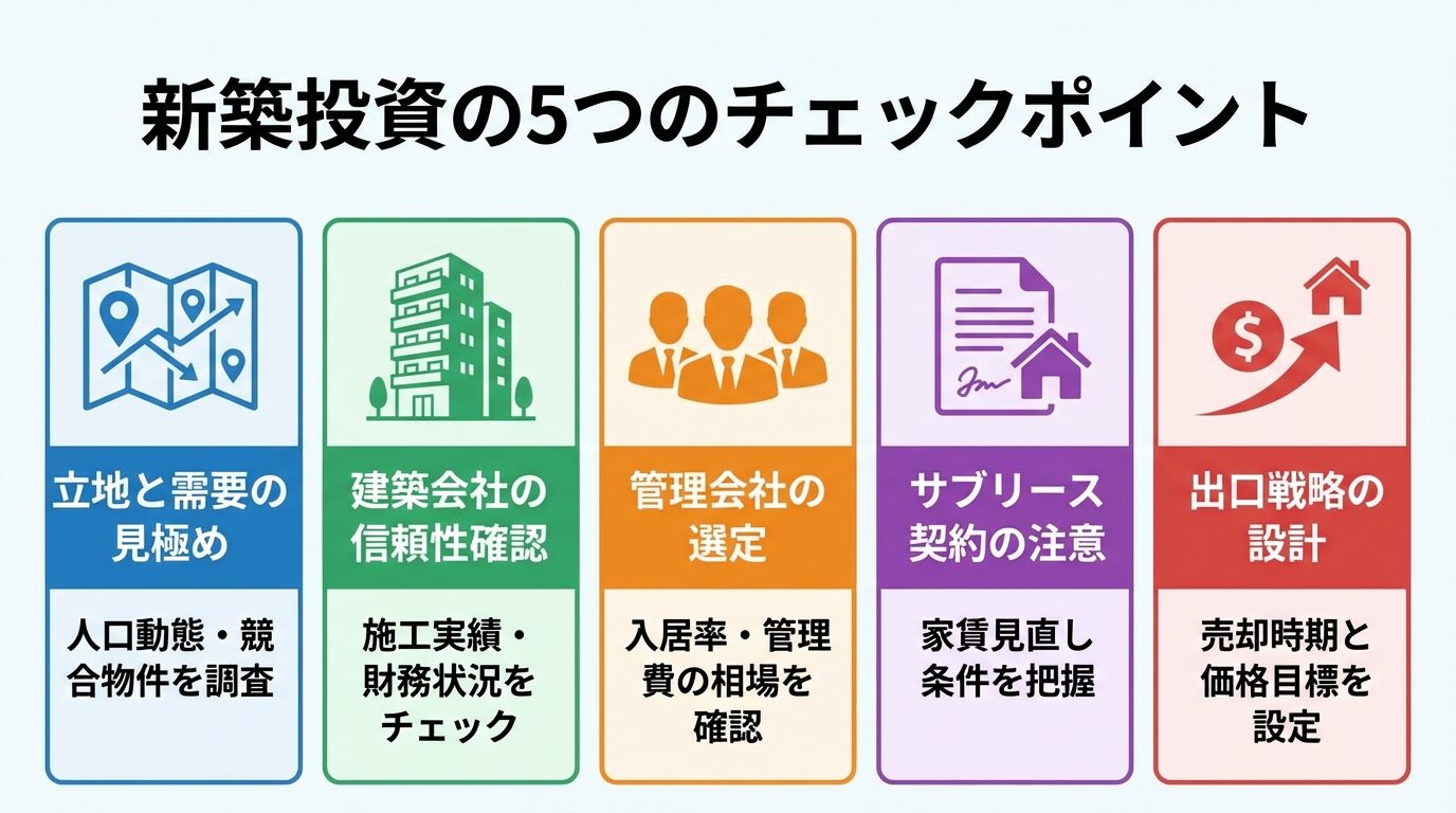 タイトル: 新築投資の5つのチェックポイント。縦並び5カードで: カード1（地図アイコン）立地と需要の見極め: 人口動態・競合物件を調査。カード2（建物アイコン）建築会社の信頼性確認: 施工実績・財務状況をチェック。カード3（人物アイコン）管理会社の選定: 入居率・管理費の相場を確認。カード4（契約書アイコン）サブリース契約の注意: 家賃見直し条件を把握。カード5（矢印アイコン）出口戦略の設計: 売却時期と価格目標を設定