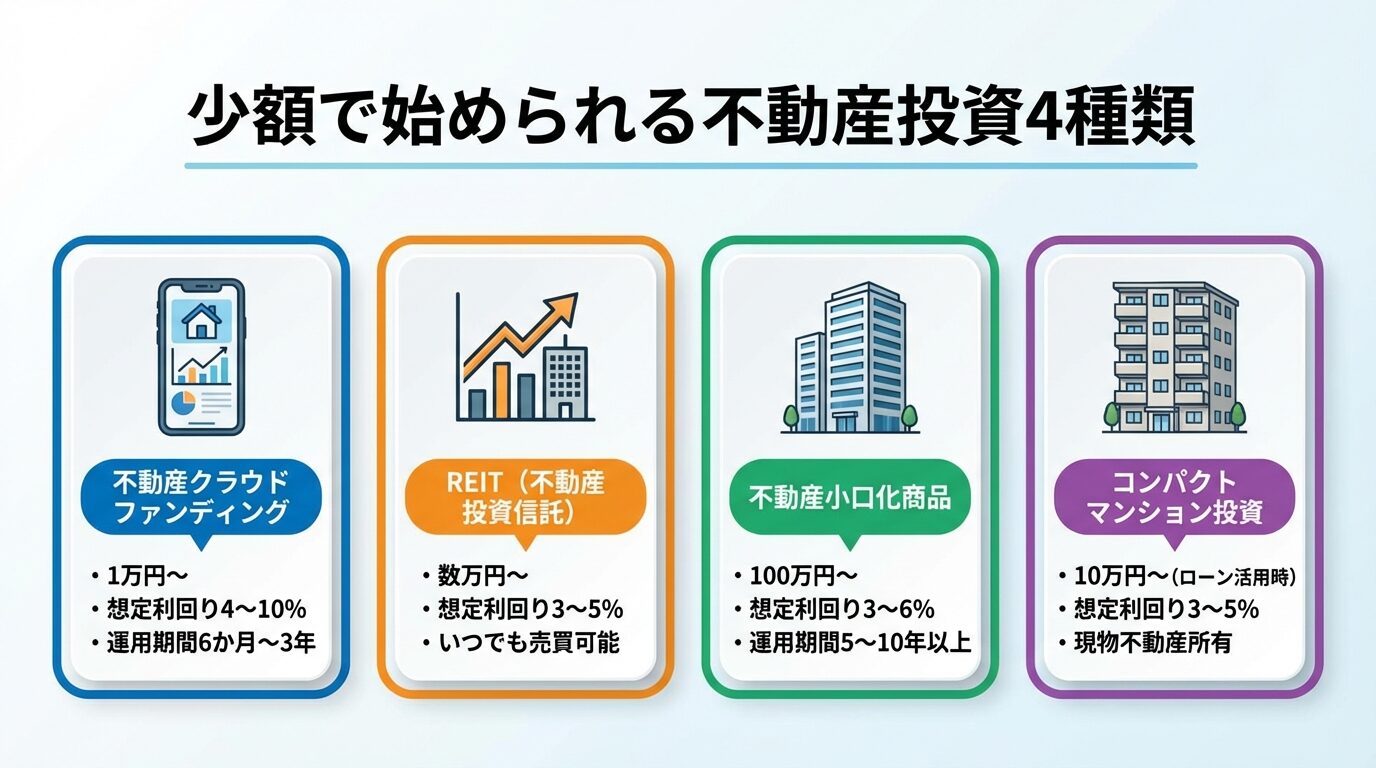 タイトル: 少額で始められる不動産投資4種類。横並び4カードで: カード1(スマホのアイコン)ヘッダー: 不動産クラウドファンディング、説明: 1万円〜、想定利回り4〜10%、運用期間6か月〜3年。カード2(株式チャートのアイコン)ヘッダー: REIT(不動産投資信託)、説明: 数万円〜、想定利回り3〜5%、いつでも売買可能。カード3(ビルのアイコン)ヘッダー: 不動産小口化商品、説明: 100万円〜、想定利回り3〜6%、運用期間5〜10年以上。カード4(マンションのアイコン)ヘッダー: コンパクトマンション投資、説明: 10万円〜(ローン活用時)、想定利回り3〜5%、現物不動産所有