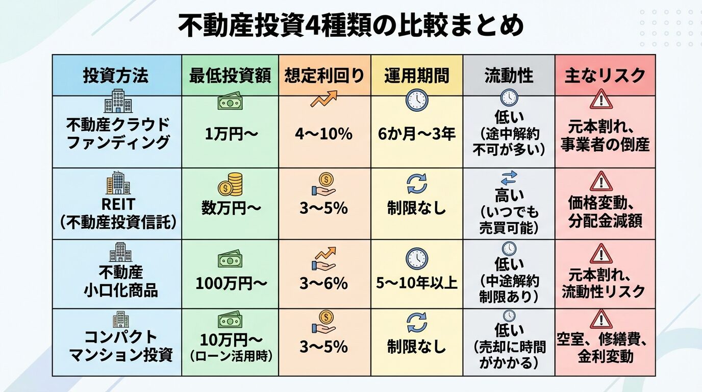 タイトル: 不動産投資4種類の比較まとめ。6列の表: ヘッダー行: 投資方法 | 最低投資額 | 想定利回り | 運用期間 | 流動性 | 主なリスク。行1: 不動産クラウドファンディング | 1万円〜 | 4〜10% | 6か月〜3年 | 低い(途中解約不可が多い) | 元本割れ、事業者の倒産。行2: REIT(不動産投資信託) | 数万円〜 | 3〜5% | 制限なし | 高い(いつでも売買可能) | 価格変動、分配金減額。行3: 不動産小口化商品 | 100万円〜 | 3〜6% | 5〜10年以上 | 低い(中途解約制限あり) | 元本割れ、流動性リスク。行4: コンパクトマンション投資 | 10万円〜(ローン活用時) | 3〜5% | 制限なし | 低い(売却に時間がかかる) | 空室、修繕費、金利変動