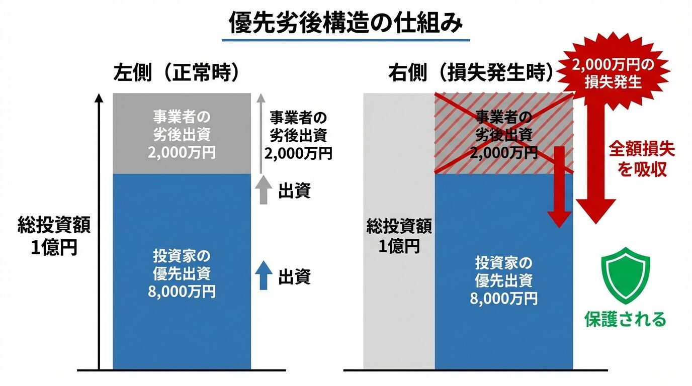 タイトル: 優先劣後構造の仕組み。左右2つのブロック図で: 左側(正常時): 総投資額1億円の内訳を積み上げ棒グラフで表示。下部(青色): 投資家の優先出資8,000万円。上部(灰色): 事業者の劣後出資2,000万円。右側(損失発生時): 2,000万円の損失が発生した場合。劣後出資2,000万円が全額損失を吸収し、投資家の優先出資8,000万円は保護される。矢印で損失の吸収順序を示す