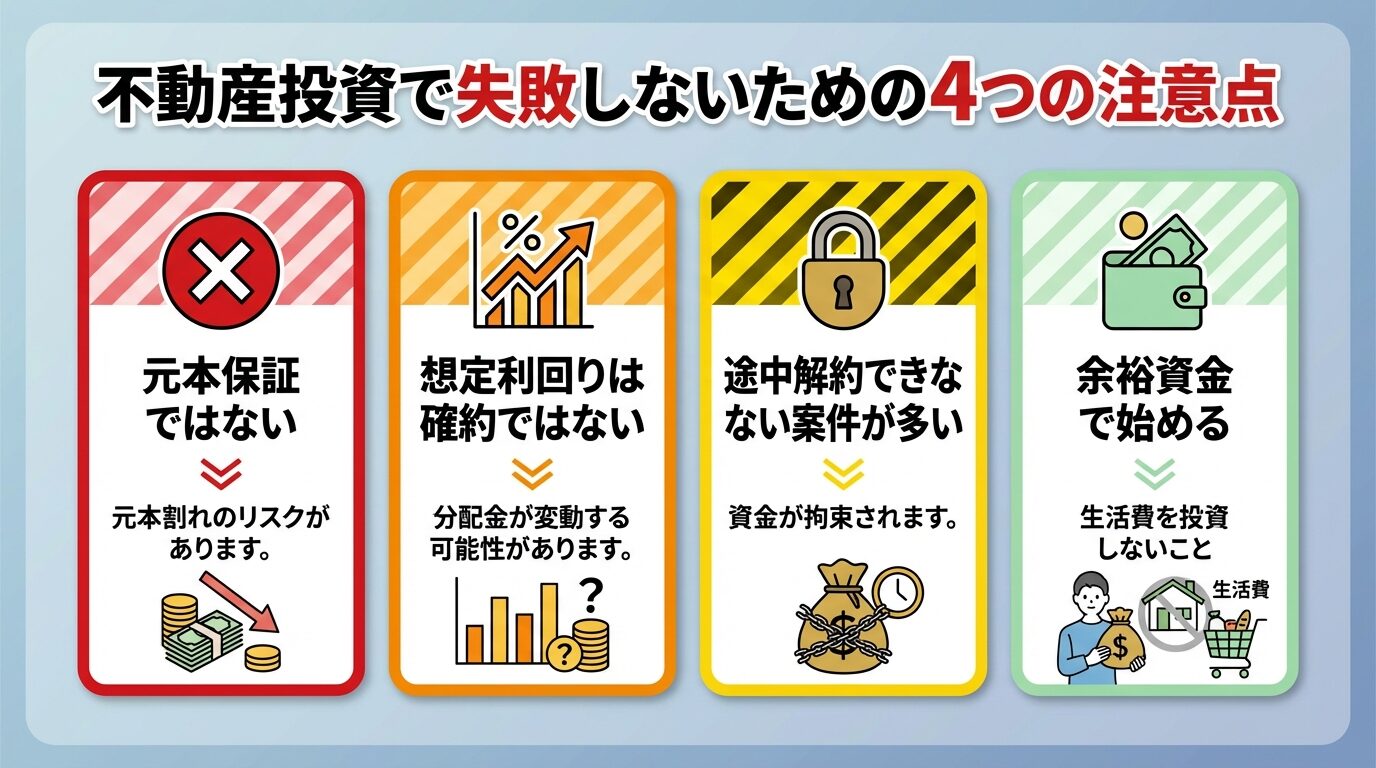 タイトル: 不動産投資で失敗しないための4つの注意点。縦に並ぶ4つの警告カードで: カード1(×アイコン)元本保証ではない、説明: 元本割れのリスクがあります。カード2(グラフ変動アイコン)想定利回りは確約ではない、説明: 分配金が変動する可能性があります。カード3(鍵アイコン)途中解約できない案件が多い、説明: 資金が拘束されます。カード4(財布アイコン)余裕資金で始める、説明: 生活費を投資しないこと