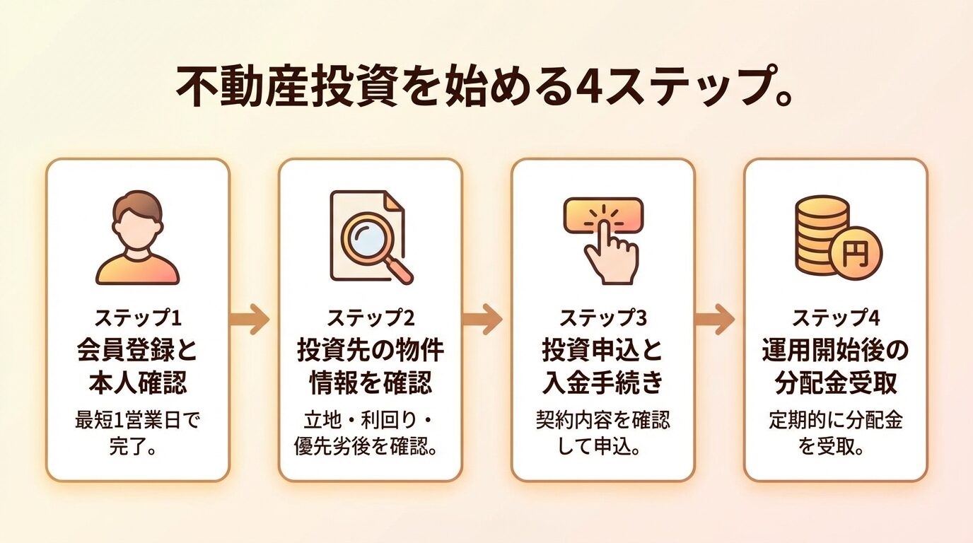 タイトル: 不動産投資を始める4ステップ。左から右へ流れる4つのステップカードで: ステップ1(人物アイコン)会員登録と本人確認、説明: 最短1営業日で完了。ステップ2(虫眼鏡アイコン)投資先の物件情報を確認、説明: 立地・利回り・優先劣後を確認。ステップ3(クリックアイコン)投資申込と入金手続き、説明: 契約内容を確認して申込。ステップ4(コインアイコン)運用開始後の分配金受取、説明: 定期的に分配金を受取