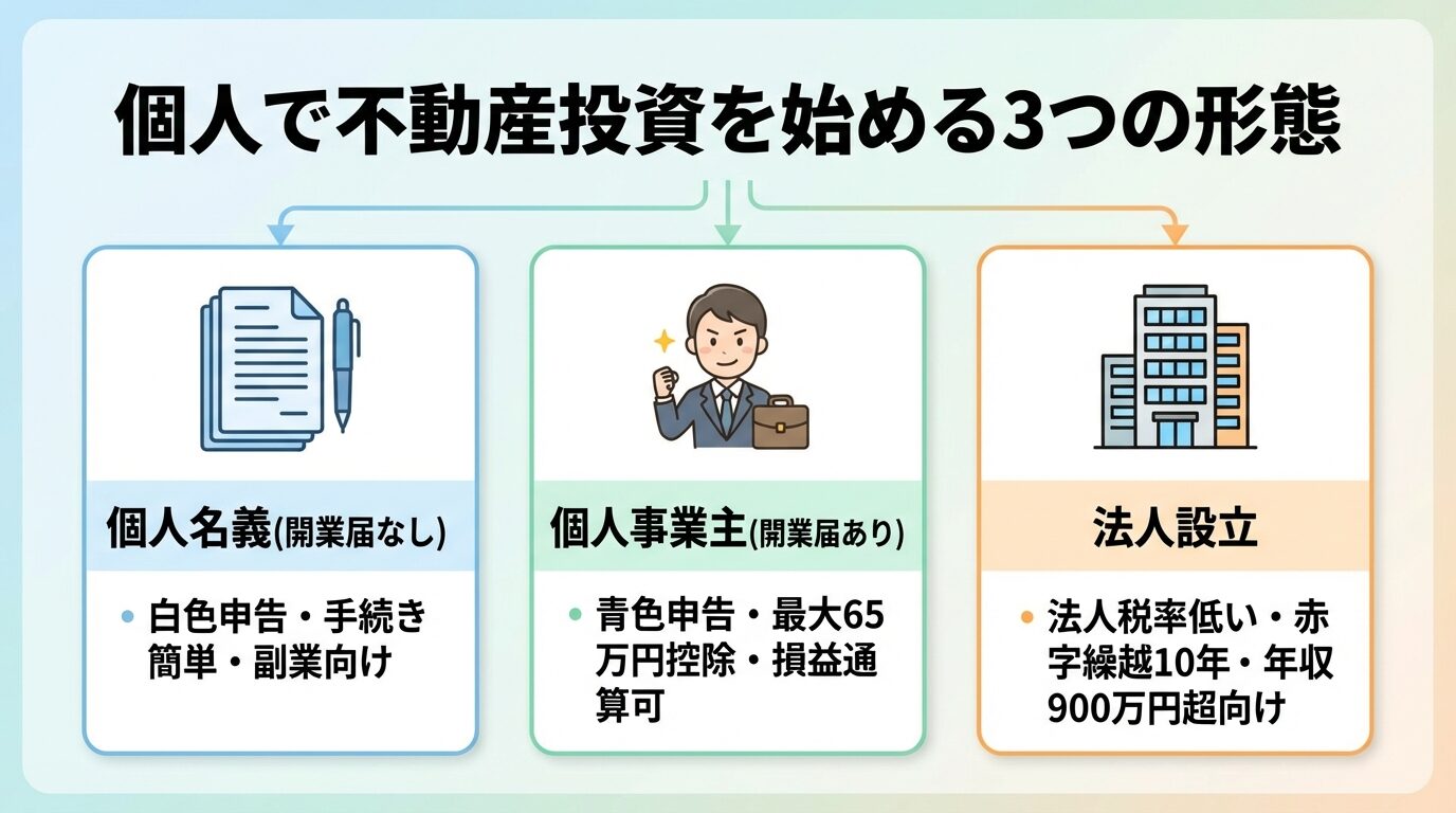タイトル: 個人で不動産投資を始める3つの形態。横並び3カードで: カード1(書類アイコン)ヘッダー: 個人名義(開業届なし)、説明: 白色申告・手続き簡単・副業向け。カード2(ビジネスマンアイコン)ヘッダー: 個人事業主(開業届あり)、説明: 青色申告・最大65万円控除・損益通算可。カード3(ビルアイコン)ヘッダー: 法人設立、説明: 法人税率低い・赤字繰越10年・年収900万円超向け