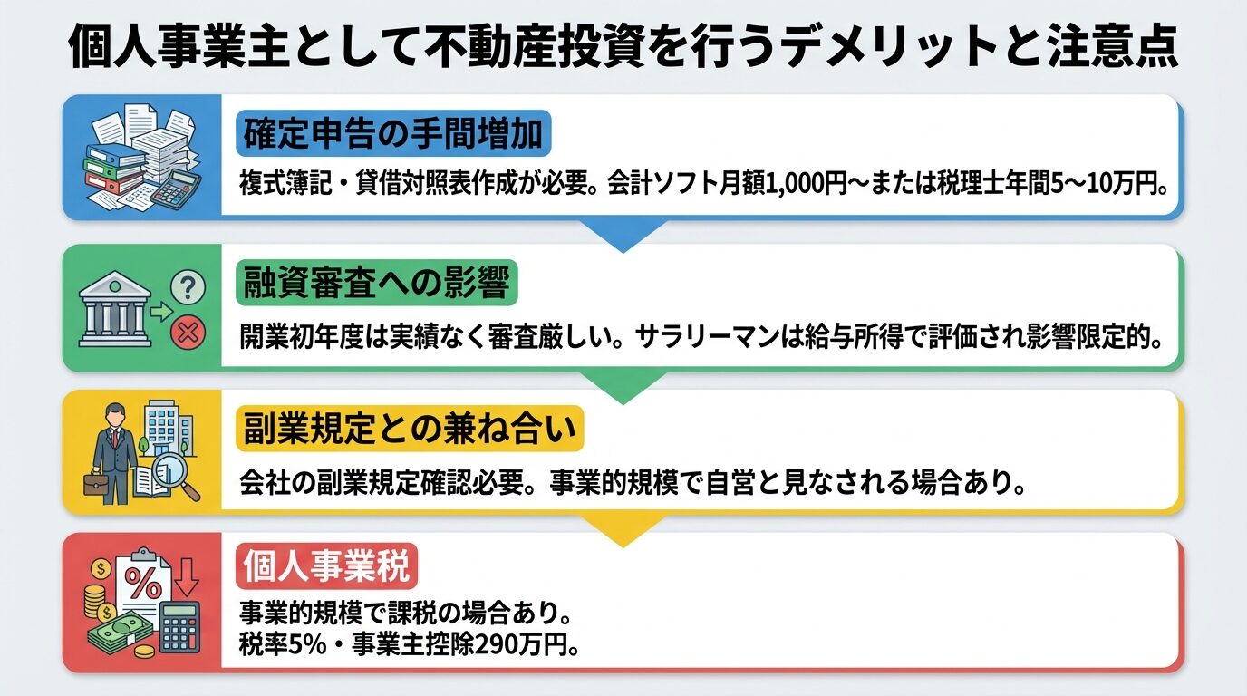 タイトル: 個人事業主として不動産投資を行うデメリットと注意点。縦並び4カードで: カード1(書類山積みアイコン)ヘッダー: 確定申告の手間増加、説明: 複式簿記・貸借対照表作成が必要。会計ソフト月額1,000円〜または税理士年間5〜10万円。カード2(銀行アイコン)ヘッダー: 融資審査への影響、説明: 開業初年度は実績なく審査厳しい。サラリーマンは給与所得で評価され影響限定的。カード3(ビジネスマンアイコン)ヘッダー: 副業規定との兼ね合い、説明: 会社の副業規定確認必要。事業的規模で自営と見なされる場合あり。カード4(税金アイコン)ヘッダー: 個人事業税、説明: 事業的規模で課税の場合あり。税率5%・事業主控除290万円