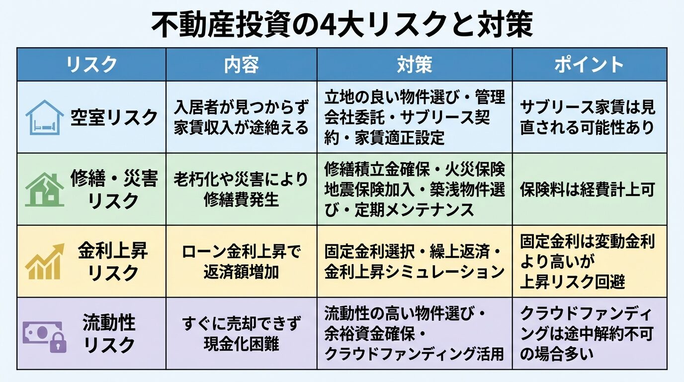 タイトル: 不動産投資の4大リスクと対策。4列の表: ヘッダー行: リスク | 内容 | 対策 | ポイント。行1: 空室リスク | 入居者が見つからず家賃収入が途絶える | 立地の良い物件選び・管理会社委託・サブリース契約・家賃適正設定 | サブリース家賃は見直される可能性あり。行2: 修繕・災害リスク | 老朽化や災害により修繕費発生 | 修繕積立金確保・火災保険地震保険加入・築浅物件選び・定期メンテナンス | 保険料は経費計上可。行3: 金利上昇リスク | ローン金利上昇で返済額増加 | 固定金利選択・繰上返済・金利上昇シミュレーション | 固定金利は変動金利より高いが上昇リスク回避。行4: 流動性リスク | すぐに売却できず現金化困難 | 流動性の高い物件選び・余裕資金確保・クラウドファンディング活用 | クラウドファンディングは途中解約不可の場合多い