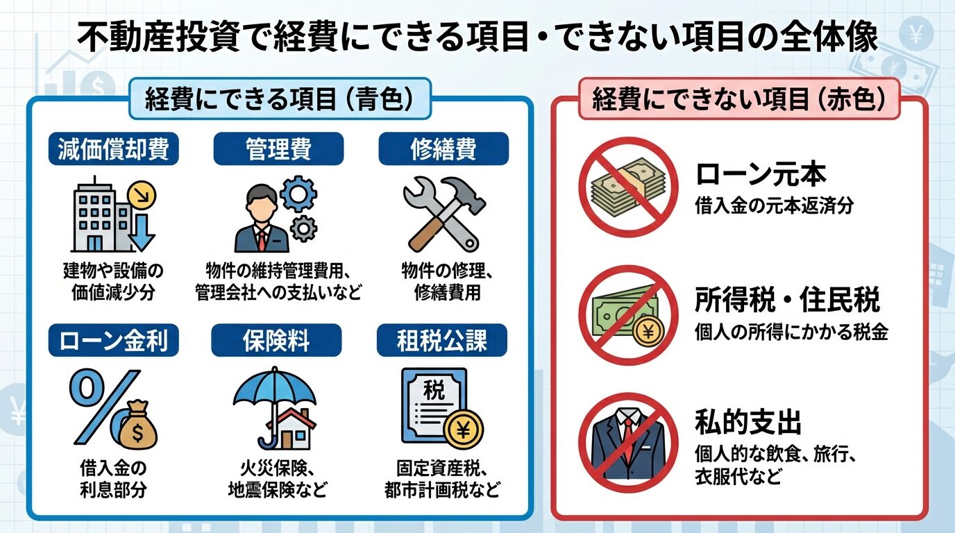 タイトル: 不動産投資で経費にできる項目・できない項目の全体像。左右2列の対比図。左列（青枠）: 経費にできる項目として、減価償却費のアイコン（建物）、管理費のアイコン（人）、修繕費のアイコン（工具）、ローン金利のアイコン（%マーク）、保険料のアイコン（傘）、租税公課のアイコン（税金マーク）を縦に並べる。右列（赤枠）: 経費にできない項目として、ローン元本のアイコン（禁止マーク付き札束）、所得税・住民税のアイコン（禁止マーク付き税金マーク）、私的支出のアイコン（禁止マーク付きスーツ）を縦に並べる。