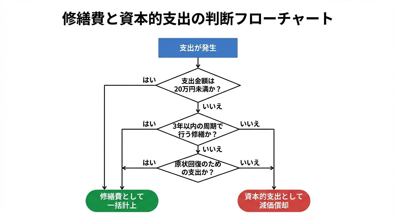 タイトル: 修繕費と資本的支出の判断フローチャート。開始ノード: 支出が発生。判断1: 支出金額は20万円未満か？&rarr;はい: 修繕費として一括計上（緑枠で終了）。&rarr;いいえ: 判断2へ。判断2: 3年以内の周期で行う修繕か？&rarr;はい: 修繕費として一括計上（緑枠で終了）。&rarr;いいえ: 判断3へ。判断3: 原状回復のための支出か？&rarr;はい: 修繕費として一括計上（緑枠で終了）。&rarr;いいえ: 資本的支出として減価償却（赤枠で終了）。