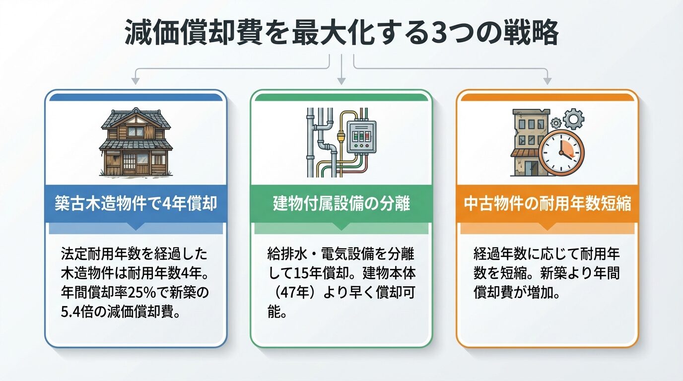 タイトル: 減価償却費を最大化する3つの戦略。横並び3カードで表示。カード1（建物アイコン）: ヘッダー: 築古木造物件で4年償却、説明: 法定耐用年数を経過した木造物件は耐用年数4年。年間償却率25%で新築の5.4倍の減価償却費。カード2（設備アイコン）: ヘッダー: 建物付属設備の分離、説明: 給排水・電気設備を分離して15年償却。建物本体（47年）より早く償却可能。カード3（中古アイコン）: ヘッダー: 中古物件の耐用年数短縮、説明: 経過年数に応じて耐用年数を短縮。新築より年間償却費が増加。