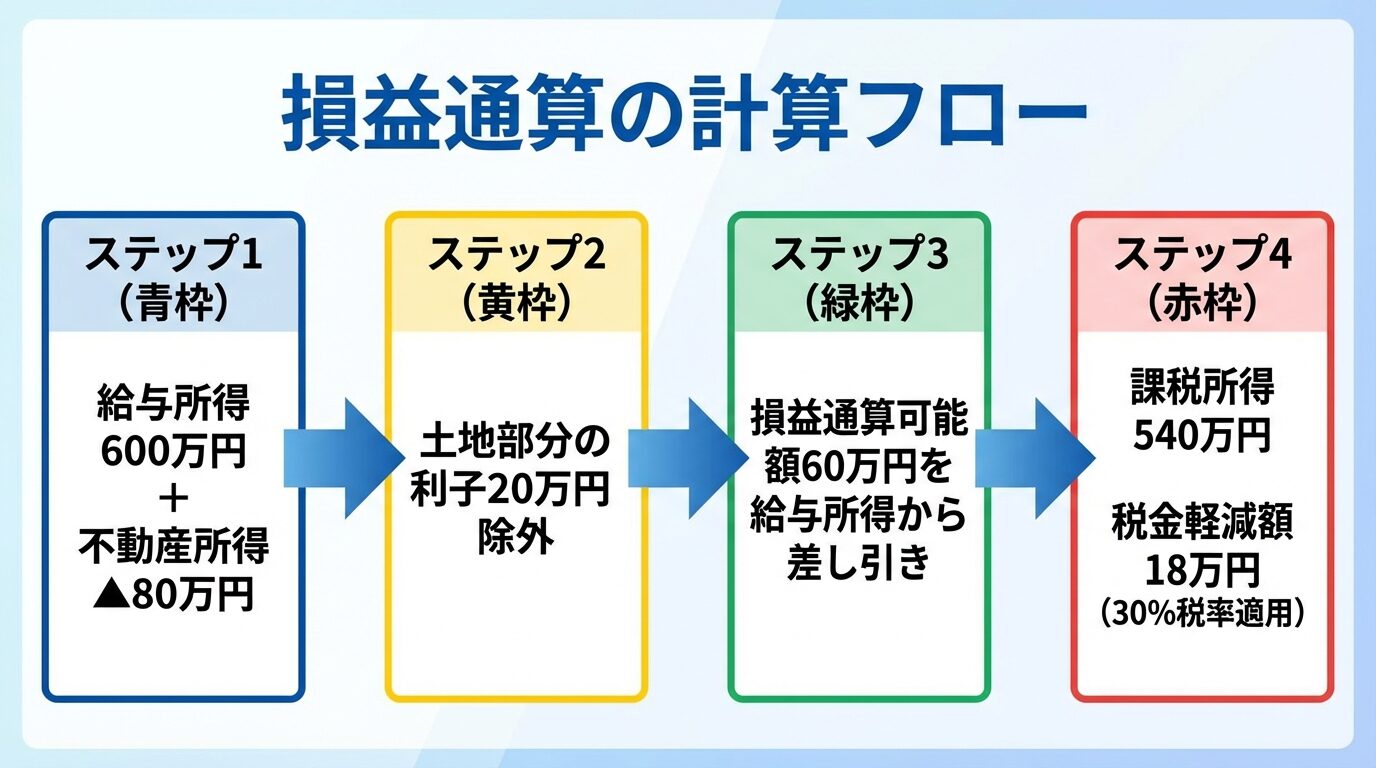 タイトル: 損益通算の計算フロー。ステップ1（青枠）: 給与所得600万円 + 不動産所得▲80万円。ステップ2（黄枠）: 土地部分の利子20万円を除外。ステップ3（緑枠）: 損益通算可能額60万円を給与所得から差し引き。ステップ4（赤枠）: 課税所得540万円。税金軽減額18万円（30%税率適用）。矢印で各ステップをつなぐ。