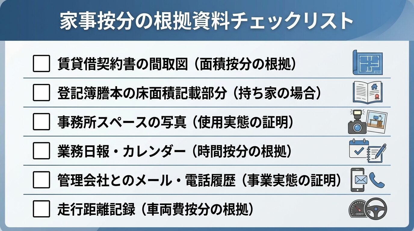 タイトル: 家事按分の根拠資料チェックリスト。縦並びのチェックボックス形式。項目1: □ 賃貸借契約書の間取図（面積按分の根拠）。項目2: □ 登記簿謄本の床面積記載部分（持ち家の場合）。項目3: □ 事務所スペースの写真（使用実態の証明）。項目4: □ 業務日報・カレンダー（時間按分の根拠）。項目5: □ 管理会社とのメール・電話履歴（事業実態の証明）。項目6: □ 走行距離記録（車両費按分の根拠）。各項目にアイコンを付けて視覚的に表示。