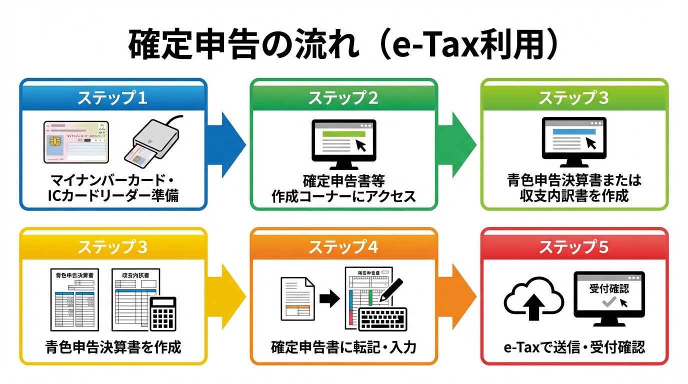 タイトル: 確定申告の流れ（e-Tax利用）。フローチャート形式で表示。ステップ1（青枠）: マイナンバーカード・ICカードリーダー準備。矢印。ステップ2（緑枠）: 確定申告書等作成コーナーにアクセス。矢印。ステップ3（黄枠）: 青色申告決算書または収支内訳書を作成。矢印。ステップ4（オレンジ枠）: 確定申告書に転記・入力。矢印。ステップ5（赤枠）: e-Taxで送信・受付確認。各ステップにアイコンを付けて視覚的に表示。