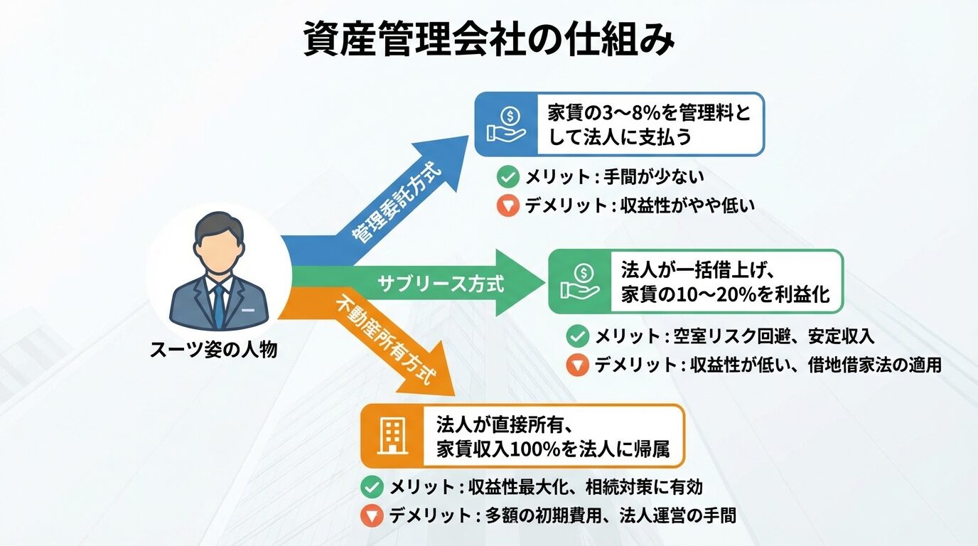 タイトル: 資産管理会社の仕組み。中央に個人オーナーのアイコン、そこから3つの矢印が伸びて: 矢印1→管理委託方式(家賃の3〜8%を管理料として法人に支払う)、矢印2→サブリース方式(法人が一括借上げ、家賃の10〜20%を利益化)、矢印3→不動産所有方式(法人が直接所有、家賃収入100%を法人に帰属)。各方式にメリット・デメリットを簡潔に記載