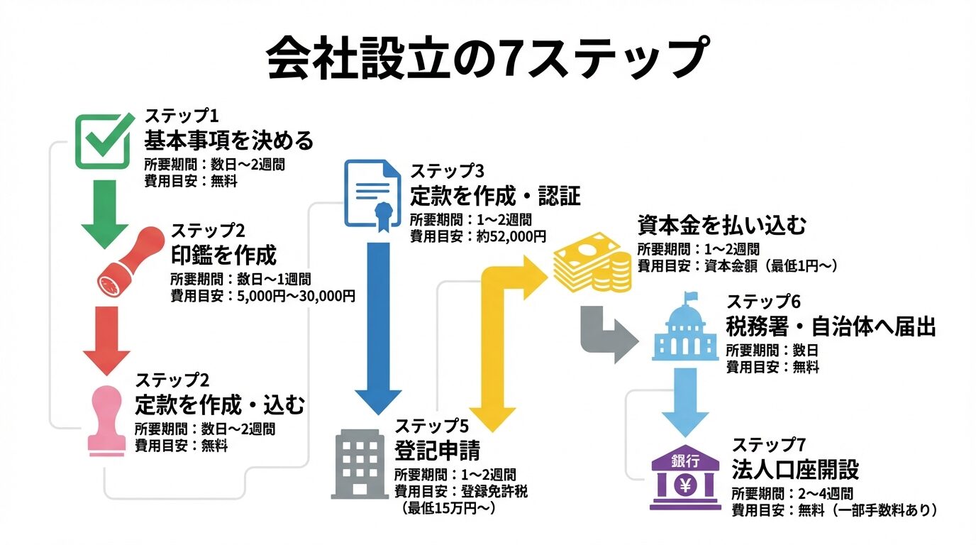 タイトル: 会社設立の7ステップ。縦並びのフロー図で: ステップ1(チェックリストアイコン)基本事項を決める→ステップ2(印鑑アイコン)印鑑を作成→ステップ3(書類アイコン)定款を作成・認証→ステップ4(お金アイコン)資本金を払い込む→ステップ5(ビルアイコン)登記申請→ステップ6(役所アイコン)税務署・自治体へ届出→ステップ7(銀行アイコン)法人口座開設。各ステップに所要期間と費用の目安を記載