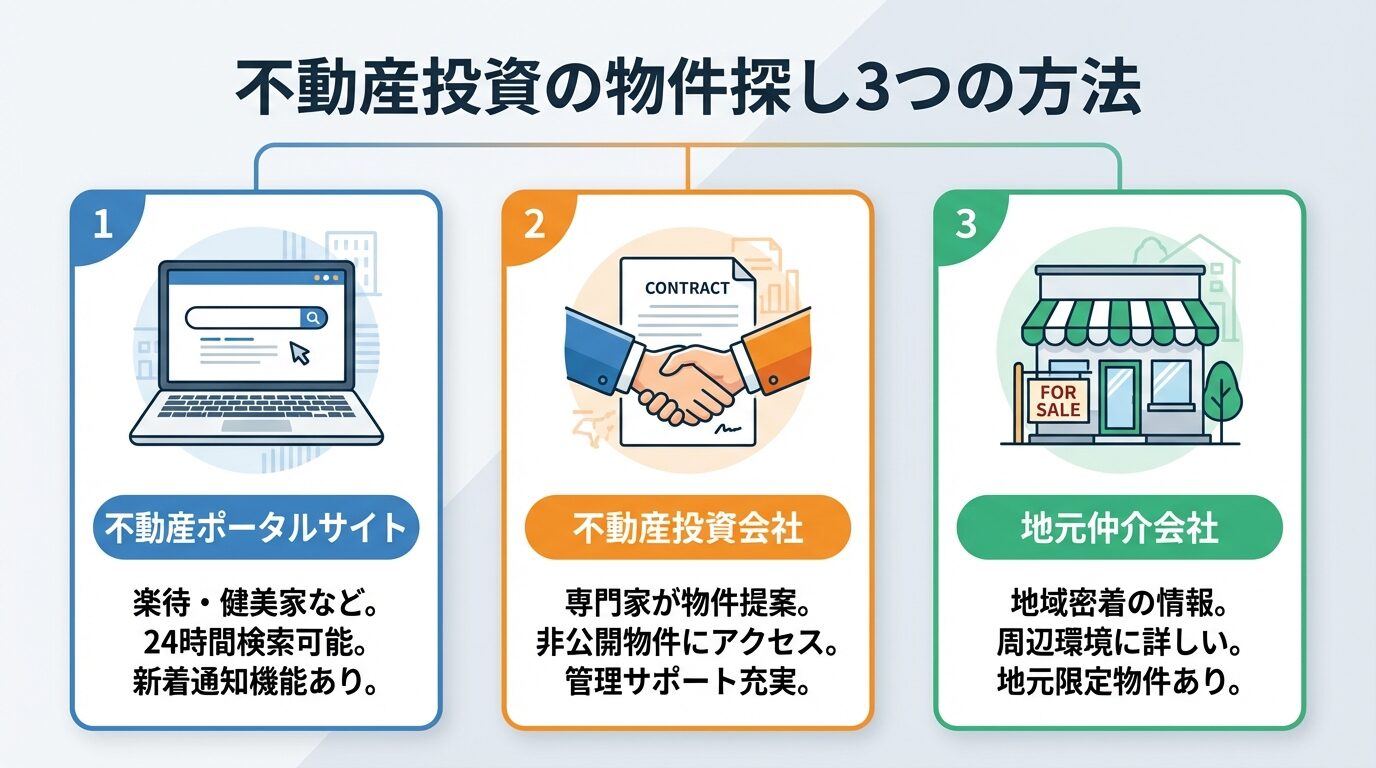 タイトル: 不動産投資の物件探し3つの方法。横並び3カードで: カード1（パソコンのアイコン）ヘッダー: 不動産ポータルサイト、説明: 楽待・健美家など。24時間検索可能。新着通知機能あり。カード2（握手のアイコン）ヘッダー: 不動産投資会社、説明: 専門家が物件提案。非公開物件にアクセス。管理サポート充実。カード3（店舗のアイコン）ヘッダー: 地元仲介会社、説明: 地域密着の情報。周辺環境に詳しい。地元限定物件あり