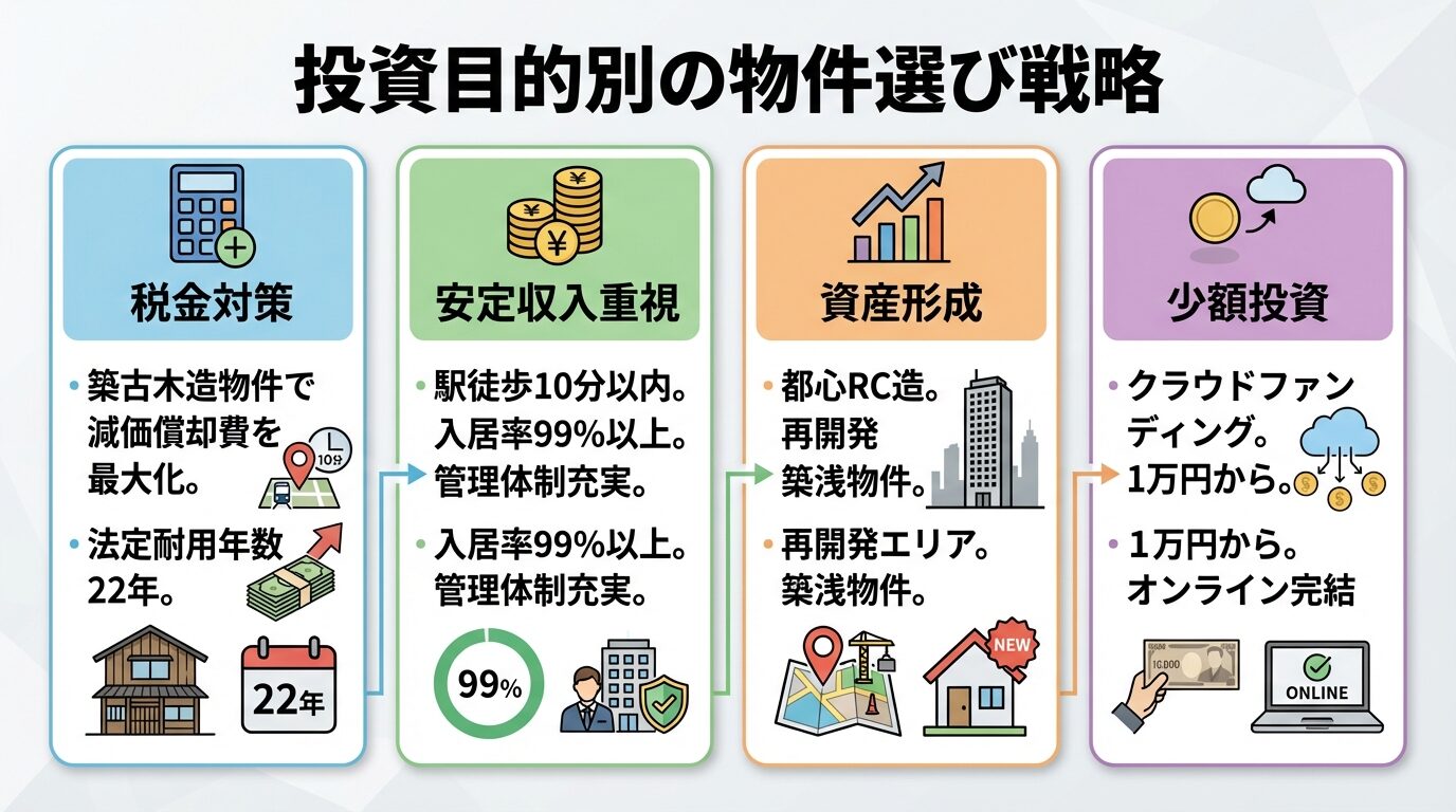 タイトル: 投資目的別の物件選び戦略。4つの縦並びカードで: カード1（電卓のアイコン）ヘッダー: 税金対策、説明: 築古木造物件で減価償却費を最大化。法定耐用年数22年。カード2（お金のアイコン）ヘッダー: 安定収入重視、説明: 駅徒歩10分以内。入居率99%以上。管理体制充実。カード3（グラフのアイコン）ヘッダー: 資産形成、説明: 都心RC造。再開発エリア。築浅物件。カード4（コインのアイコン）ヘッダー: 少額投資、説明: クラウドファンディング。1万円から。オンライン完結