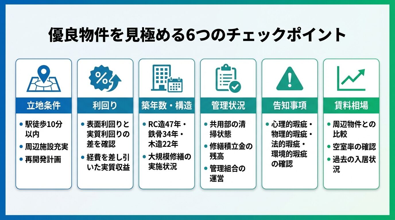 タイトル: 優良物件を見極める6つのチェックポイント。6つの縦並びカードで: カード1（地図のアイコン）ヘッダー: 立地条件、説明: 駅徒歩10分以内。周辺施設充実。再開発計画。カード2（パーセントのアイコン）ヘッダー: 利回り、説明: 表面利回りと実質利回りの差を確認。経費を差し引いた実質収益。カード3（建物のアイコン）ヘッダー: 築年数・構造、説明: RC造47年・鉄骨34年・木造22年。大規模修繕の実施状況。カード4（チェックのアイコン）ヘッダー: 管理状況、説明: 共用部の清掃状態。修繕積立金の残高。管理組合の運営。カード5（警告のアイコン）ヘッダー: 告知事項、説明: 心理的瑕疵・物理的瑕疵・法的瑕疵・環境的瑕疵の確認。カード6（グラフのアイコン）ヘッダー: 賃料相場、説明: 周辺物件との比較。空室率の確認。過去の入居状況