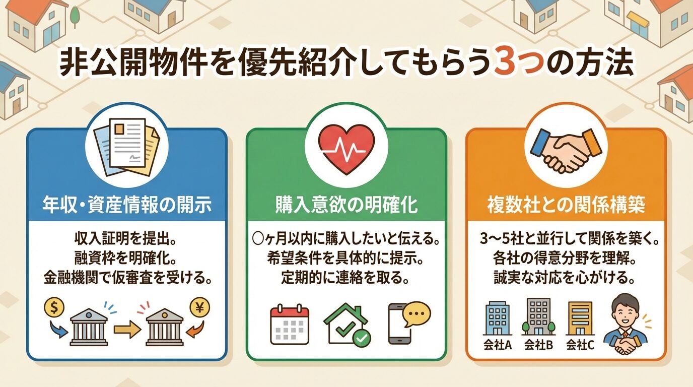 タイトル: 非公開物件を優先紹介してもらう3つの方法。横並び3カードで: カード1（書類のアイコン）ヘッダー: 年収・資産情報の開示、説明: 収入証明を提出。融資枠を明確化。金融機関で仮審査を受ける。カード2（ハートのアイコン）ヘッダー: 購入意欲の明確化、説明: 〇ヶ月以内に購入したいと伝える。希望条件を具体的に提示。定期的に連絡を取る。カード3（握手のアイコン）ヘッダー: 複数社との関係構築、説明: 3〜5社と並行して関係を築く。各社の得意分野を理解。誠実な対応を心がける