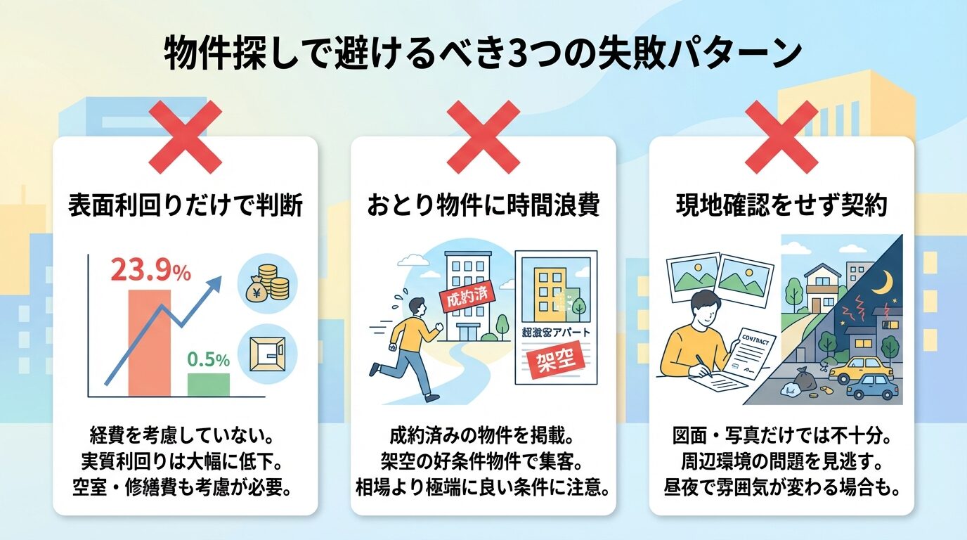 タイトル: 物件探しで避けるべき3つの失敗パターン。3つの縦並びカードで: カード1（バツ印のアイコン）ヘッダー: 表面利回りだけで判断、説明: 経費を考慮していない。実質利回りは大幅に低下。空室・修繕費も考慮が必要。カード2（バツ印のアイコン）ヘッダー: おとり物件に時間浪費、説明: 成約済みの物件を掲載。架空の好条件物件で集客。相場より極端に良い条件に注意。カード3（バツ印のアイコン）ヘッダー: 現地確認をせず契約、説明: 図面・写真だけでは不十分。周辺環境の問題を見逃す。昼夜で雰囲気が変わる場合も