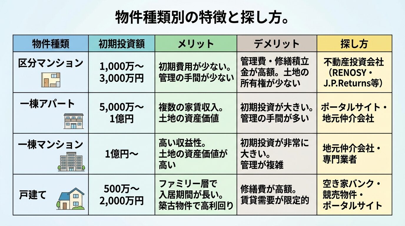 タイトル: 物件種類別の特徴と探し方。4列の表: ヘッダー行: 物件種類 | 初期投資額 | メリット | デメリット | 探し方。行1: 区分マンション | 1,000万〜3,000万円 | 初期費用が少ない。管理の手間が少ない | 管理費・修繕積立金が高額。土地の所有権が少ない | 不動産投資会社（RENOSY・J.P.Returns等）。行2: 一棟アパート | 5,000万〜1億円 | 複数の家賃収入。土地の資産価値 | 初期投資が大きい。管理の手間が多い | ポータルサイト・地元仲介会社。行3: 一棟マンション | 1億円〜 | 高い収益性。土地の資産価値が高い | 初期投資が非常に大きい。管理が複雑 | 地元仲介会社・専門業者。行4: 戸建て | 500万〜2,000万円 | ファミリー層で入居期間が長い。築古物件で高利回り | 修繕費が高額。賃貸需要が限定的 | 空き家バンク・競売物件・ポータルサイト