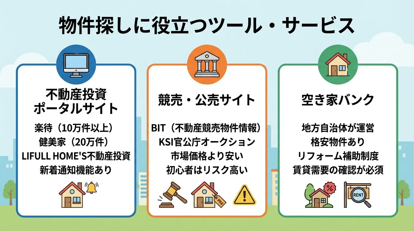 タイトル: 物件探しに役立つツール・サービス。3つの縦並びカードで: カード1（パソコンのアイコン）ヘッダー: 不動産投資ポータルサイト、説明: 楽待（10万件以上）。健美家（20万件）。LIFULL HOME'S不動産投資。新着通知機能あり。カード2（裁判所のアイコン）ヘッダー: 競売・公売サイト、説明: BIT（不動産競売物件情報）。KSI官公庁オークション。市場価格より安い。初心者はリスク高い。カード3（家のアイコン）ヘッダー: 空き家バンク、説明: 地方自治体が運営。格安物件あり。リフォーム補助制度。賃貸需要の確認が必須