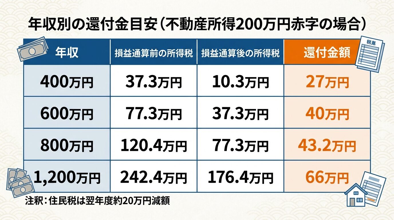 タイトル: 年収別の還付金目安(不動産所得200万円赤字の場合)。4列の表形式: ヘッダー行: 年収 | 損益通算前の所得税 | 損益通算後の所得税 | 還付金額。行1: 400万円 | 37.3万円 | 10.3万円 | 27万円。行2: 600万円 | 77.3万円 | 37.3万円 | 40万円。行3: 800万円 | 120.4万円 | 77.3万円 | 43.2万円。行4: 1,200万円 | 242.4万円 | 176.4万円 | 66万円。注釈: 住民税は翌年度約20万円減額