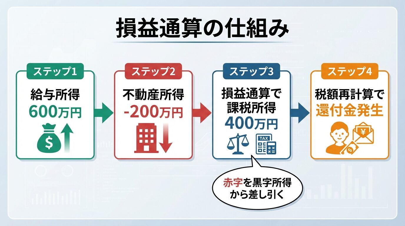 タイトル: 損益通算の仕組み。フロー図形式: ステップ1(給与所得600万円)→ ステップ2(不動産所得-200万円)→ ステップ3(損益通算で課税所得400万円)→ ステップ4(税額再計算で還付金発生)。矢印で各ステップを接続し、ステップ3に「赤字を黒字所得から差し引く」の注釈を追加