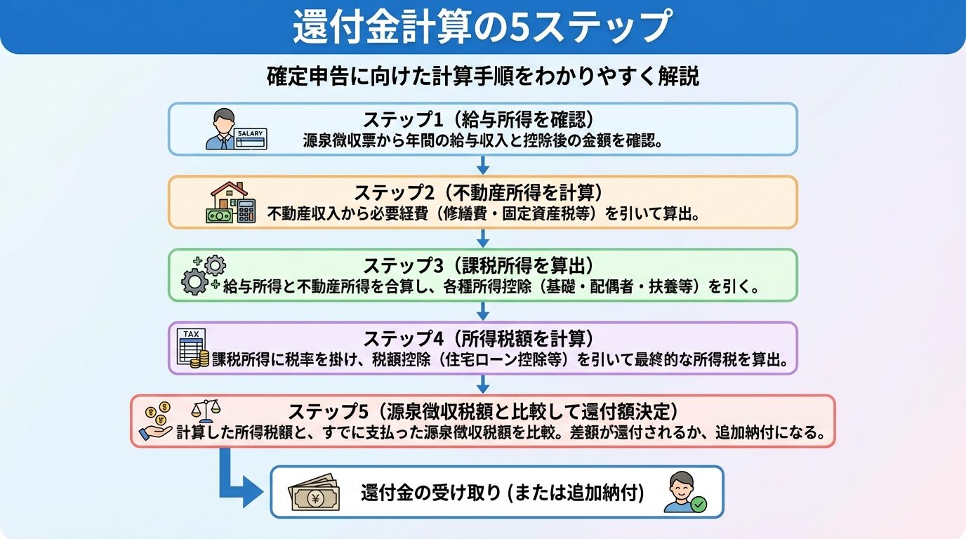 タイトル: 還付金計算の5ステップ。縦並びフロー図: ステップ1(給与所得を確認)→ ステップ2(不動産所得を計算)→ ステップ3(課税所得を算出)→ ステップ4(所得税額を計算)→ ステップ5(源泉徴収税額と比較して還付額決定)。各ステップに簡潔な説明を添える