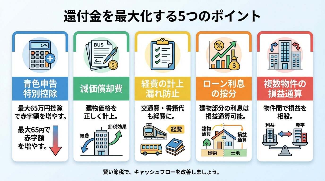 タイトル: 還付金を最大化する5つのポイント。横並び5カード形式: カード1(電卓アイコン)ヘッダー: 青色申告特別控除、説明: 最大65万円控除で赤字額を増やす。カード2(書類アイコン)ヘッダー: 減価償却費、説明: 建物価格を正しく計上。カード3(チェックリストアイコン)ヘッダー: 経費の計上漏れ防止、説明: 交通費・書籍代も経費に。カード4(グラフアイコン)ヘッダー: ローン利息の按分、説明: 建物部分の利息は損益通算可能。カード5(ビルアイコン)ヘッダー: 複数物件の損益通算、説明: 物件間で損益を相殺