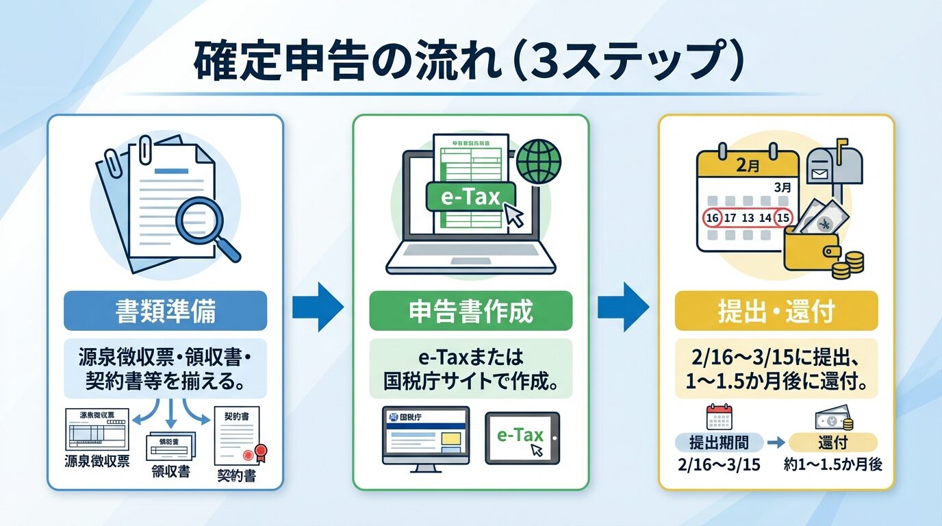 タイトル: 確定申告の流れ(3ステップ)。横並び3カード形式: カード1(書類アイコン)ヘッダー: 書類準備、説明: 源泉徴収票・領収書・契約書等を揃える。カード2(パソコンアイコン)ヘッダー: 申告書作成、説明: e-Taxまたは国税庁サイトで作成。カード3(カレンダーアイコン)ヘッダー: 提出・還付、説明: 2/16〜3/15に提出、1〜1.5か月後に還付