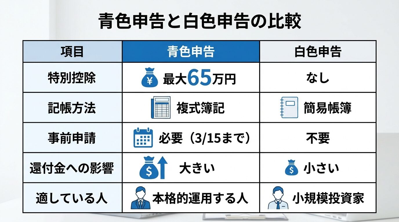 タイトル: 青色申告と白色申告の比較。2列の表形式: ヘッダー行: 項目 | 青色申告 | 白色申告。行1: 特別控除 | 最大65万円 | なし。行2: 記帳方法 | 複式簿記 | 簡易帳簿。行3: 事前申請 | 必要(3/15まで) | 不要。行4: 還付金への影響 | 大きい | 小さい。行5: 適している人 | 本格的に運用する人 | 小規模投資家