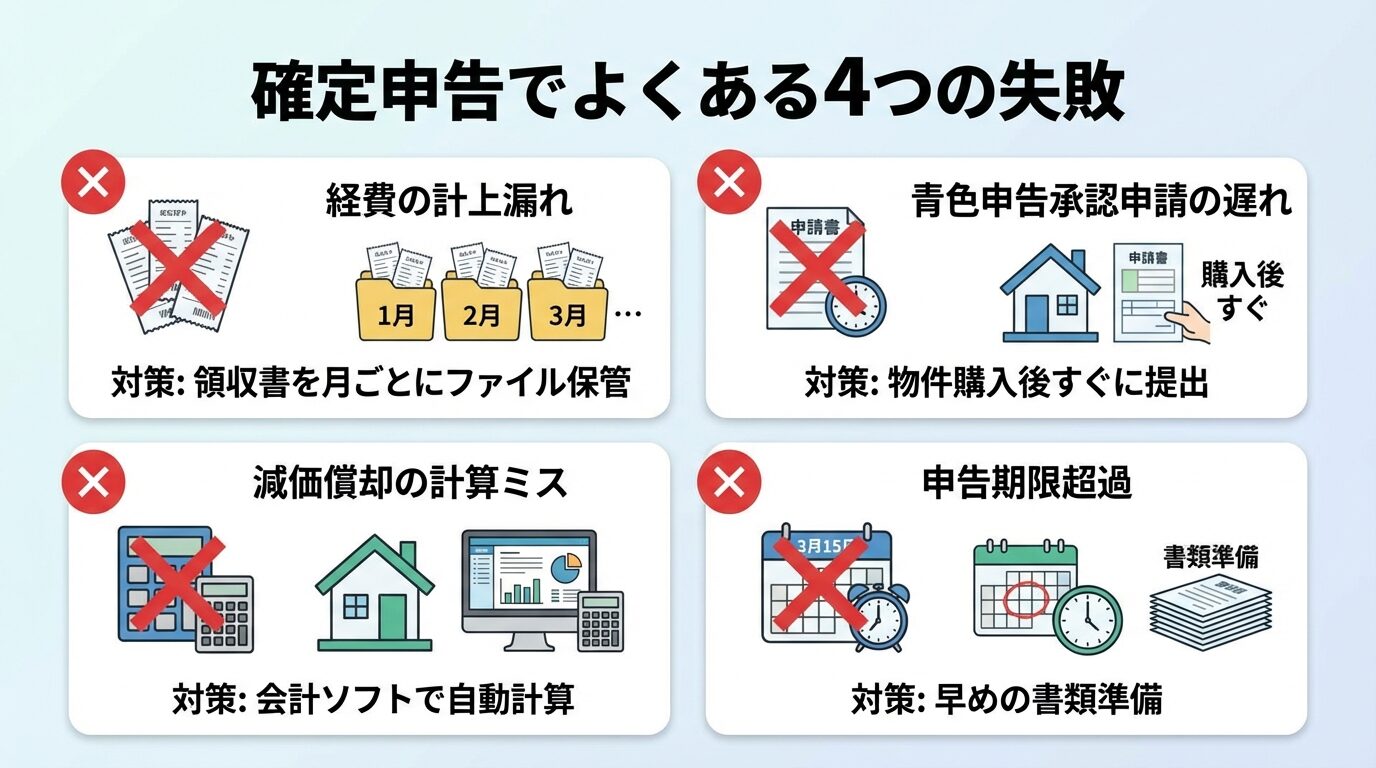 タイトル: 確定申告でよくある4つの失敗。縦並び4カード形式: カード1(×アイコン)ヘッダー: 経費の計上漏れ、対策: 領収書を月ごとにファイル保管。カード2(×アイコン)ヘッダー: 減価償却の計算ミス、対策: 会計ソフトで自動計算。カード3(×アイコン)ヘッダー: 青色申告承認申請の遅れ、対策: 物件購入後すぐに提出。カード4(×アイコン)ヘッダー: 申告期限超過、対策: 早めの書類準備