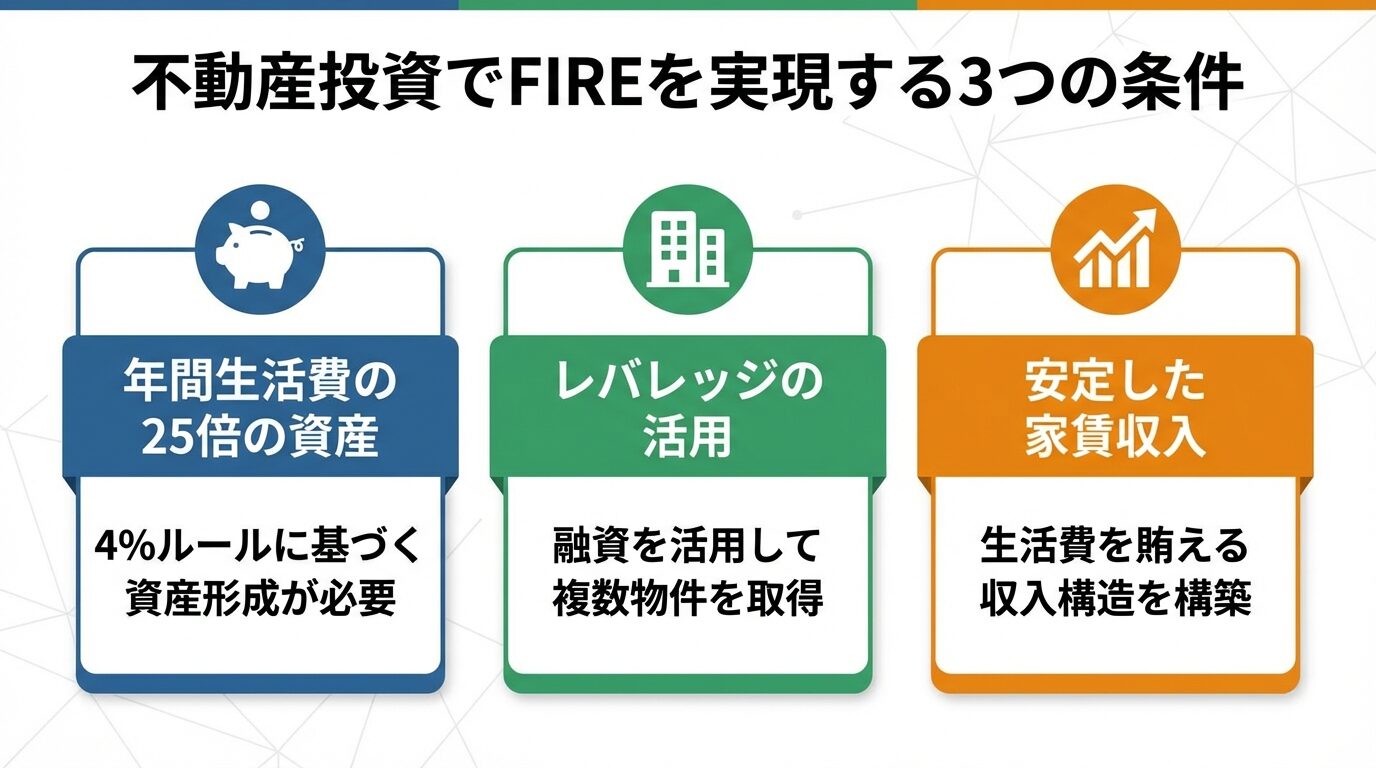 タイトル: 不動産投資でFIREを実現する3つの条件。横並び3カードで: カード1（貯金箱アイコン）ヘッダー: 年間生活費の25倍の資産、説明: 4%ルールに基づく資産形成が必要。カード2（ビルアイコン）ヘッダー: レバレッジの活用、説明: 融資を活用して複数物件を取得。カード3（グラフ上昇アイコン）ヘッダー: 安定した家賃収入、説明: 生活費を賄える収入構造を構築