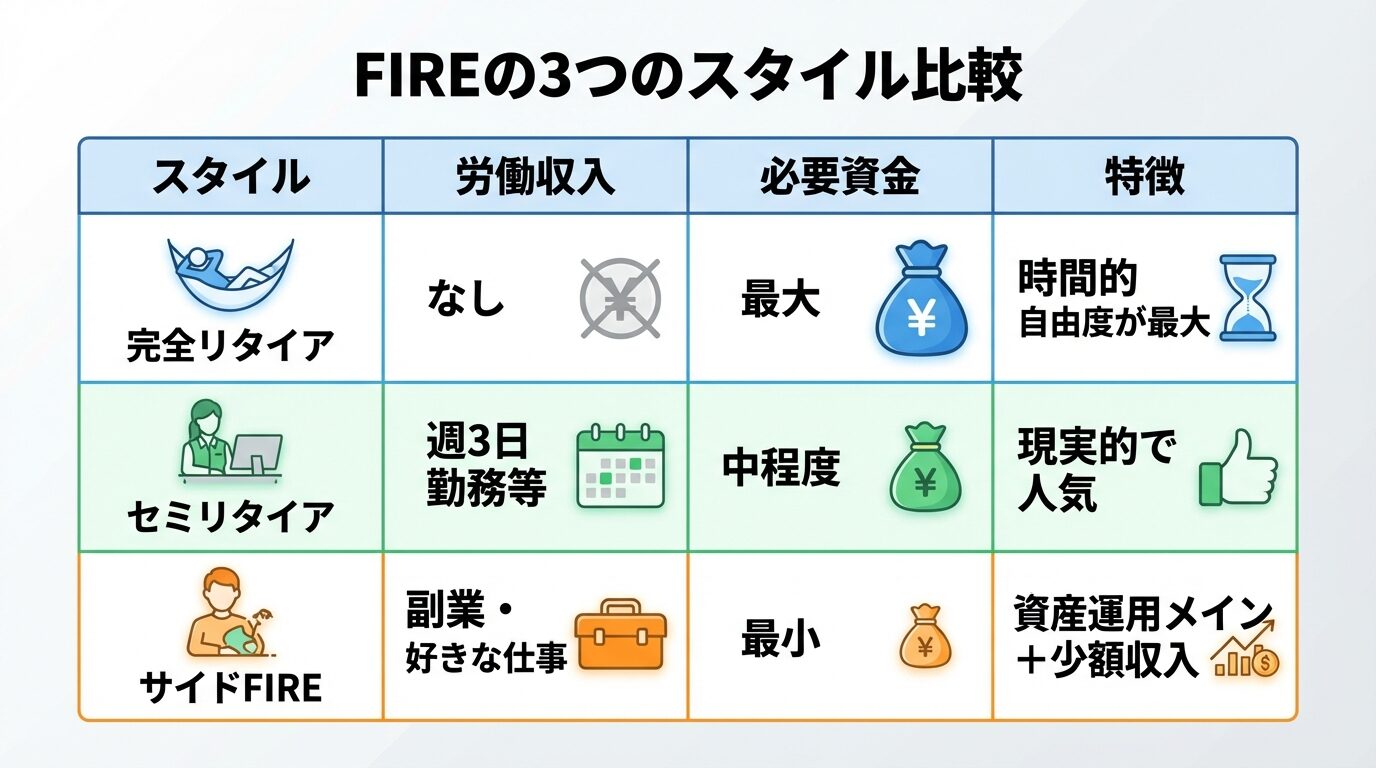 タイトル: FIREの3つのスタイル比較。3列の表: ヘッダー行: スタイル | 労働収入 | 必要資金 | 特徴。行1: 完全リタイア | なし | 最大 | 時間的自由度が最大。行2: セミリタイア | 週3日勤務等 | 中程度 | 現実的で人気。行3: サイドFIRE | 副業・好きな仕事 | 最小 | 資産運用メイン+少額収入