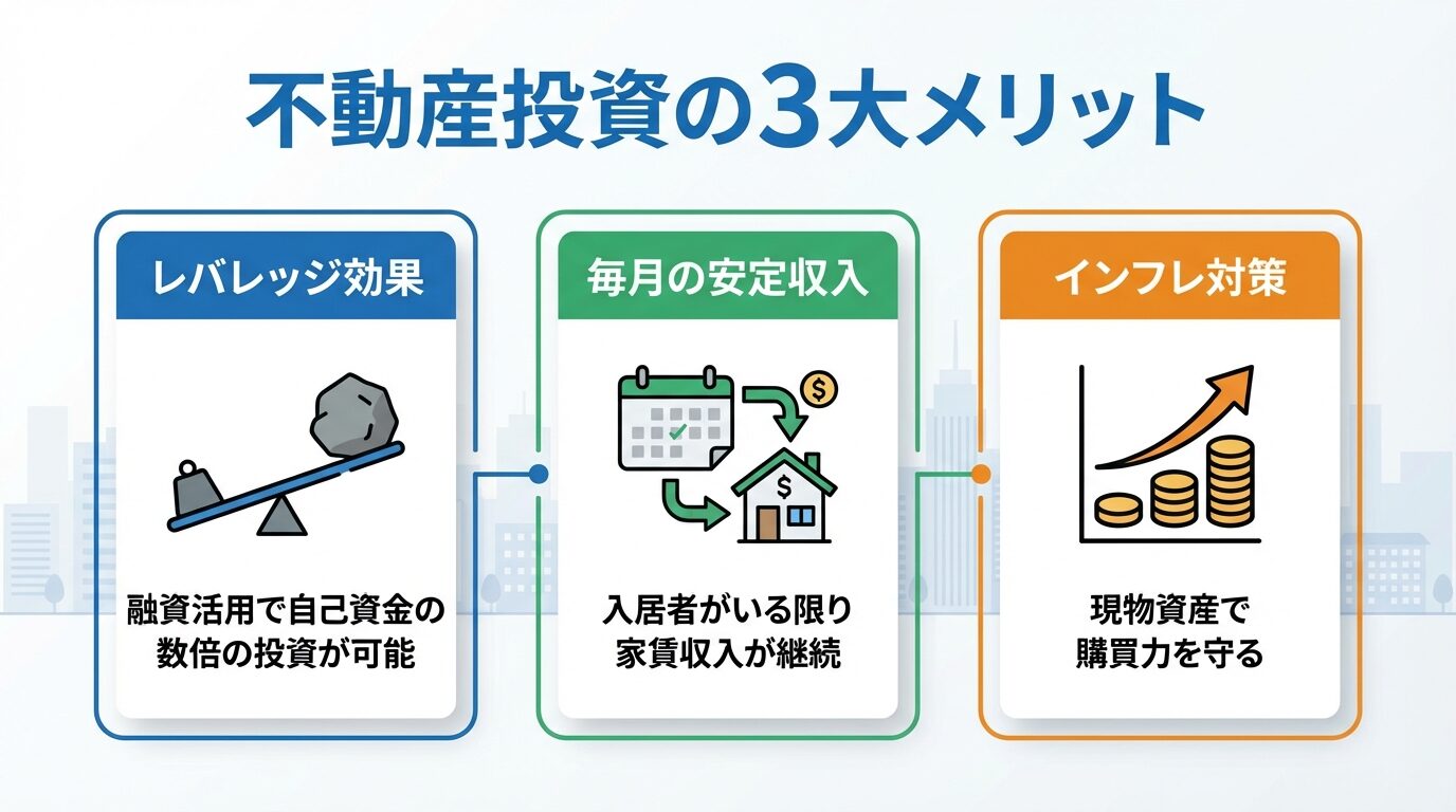 タイトル: 不動産投資の3大メリット。横並び3カードで: カード1（てこアイコン）ヘッダー: レバレッジ効果、説明: 融資活用で自己資金の数倍の投資が可能。カード2（カレンダーアイコン）ヘッダー: 毎月の安定収入、説明: 入居者がいる限り家賃収入が継続。カード3（グラフ上昇アイコン）ヘッダー: インフレ対策、説明: 現物資産で購買力を守る
