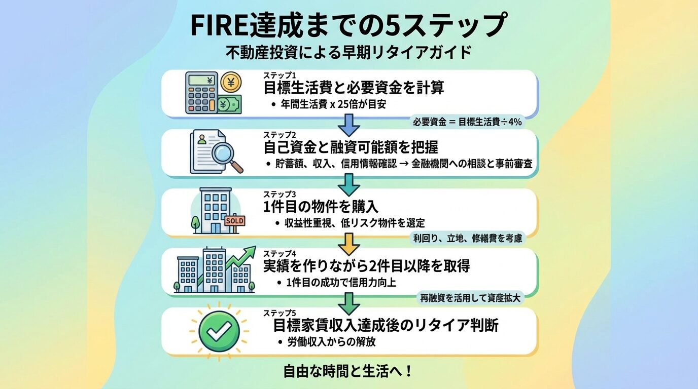 タイトル: FIRE達成までの5ステップ。縦並び5ステップで: ステップ1（電卓アイコン）目標生活費と必要資金を計算、ステップ2（書類アイコン）自己資金と融資可能額を把握、ステップ3（ビルアイコン）1件目の物件を購入、ステップ4（複数ビルアイコン）実績を作りながら2件目以降を取得、ステップ5（チェックマークアイコン）目標家賃収入達成後のリタイア判断