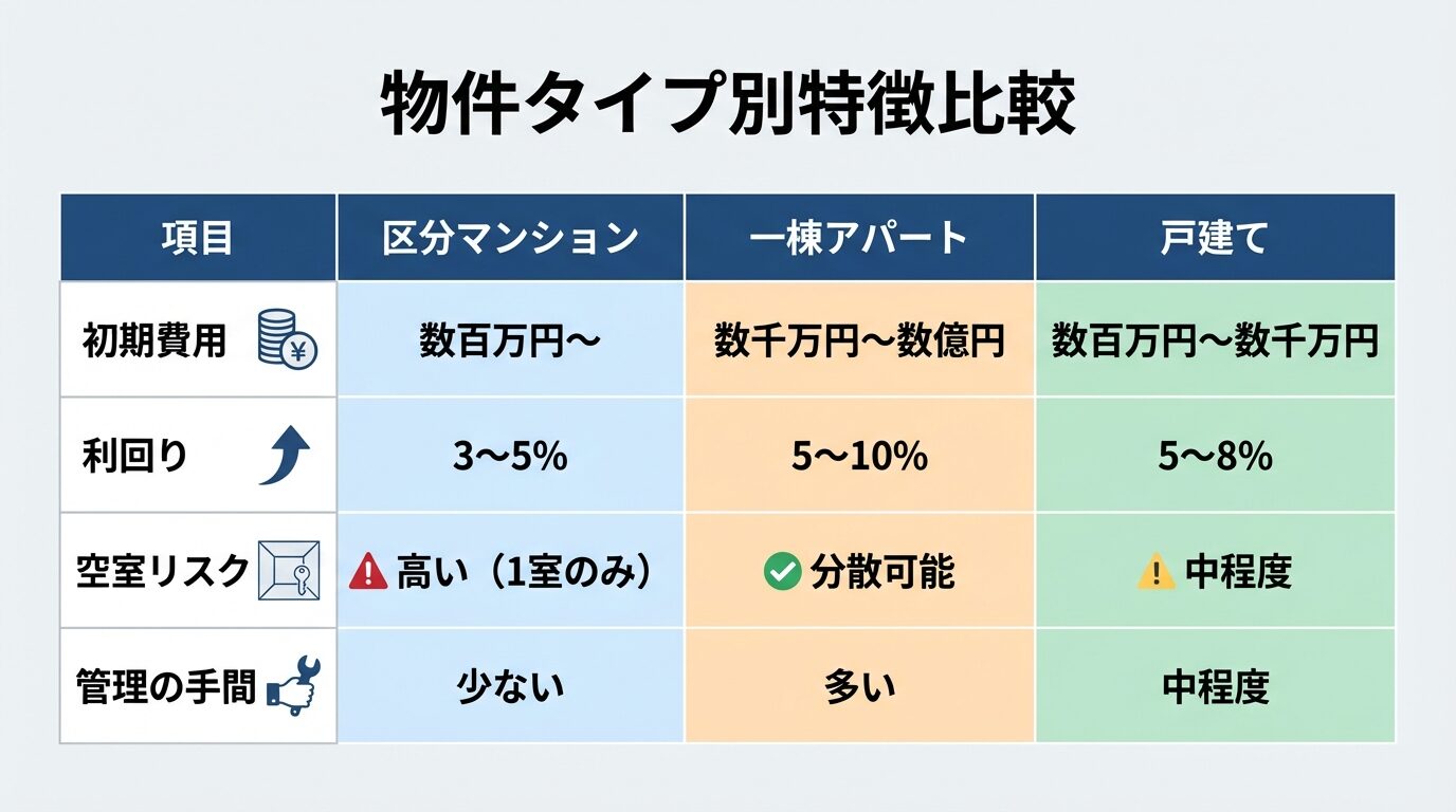 タイトル: 物件タイプ別特徴比較。3列の表: ヘッダー行: 項目 | 区分マンション | 一棟アパート | 戸建て。行1: 初期費用 | 数百万円〜 | 数千万円〜数億円 | 数百万円〜数千万円。行2: 利回り | 3〜5% | 5〜10% | 5〜8%。行3: 空室リスク | 高い（1室のみ） | 分散可能 | 中程度。行4: 管理の手間 | 少ない | 多い | 中程度