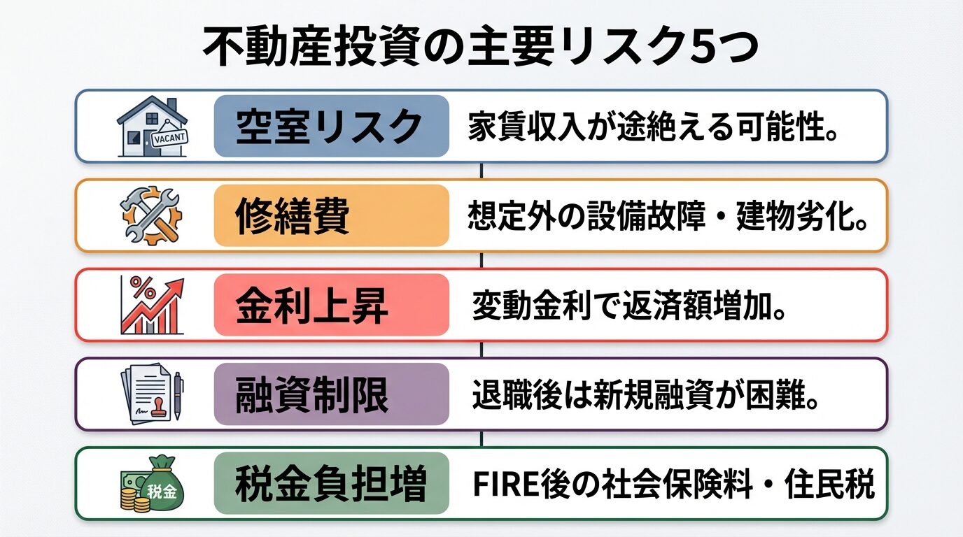 タイトル: 不動産投資の主要リスク5つ。縦並び5カードで: カード1（空室アイコン）空室リスク：家賃収入が途絶える可能性。カード2（工具アイコン）修繕費：想定外の設備故障・建物劣化。カード3（グラフ上昇アイコン）金利上昇：変動金利で返済額増加。カード4（書類アイコン）融資制限：退職後は新規融資が困難。カード5（税金アイコン）税金負担増：FIRE後の社会保険料・住民税