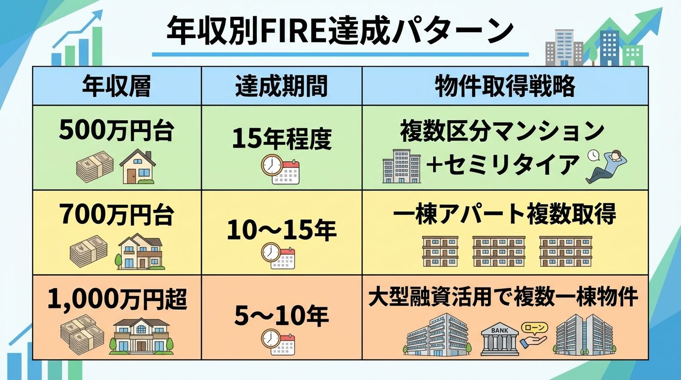 タイトル: 年収別FIRE達成パターン。3列の表: ヘッダー行: 年収層 | 達成期間 | 物件取得戦略。行1: 500万円台 | 15年程度 | 複数区分マンション＋セミリタイア。行2: 700万円台 | 10〜15年 | 一棟アパート複数取得。行3: 1,000万円超 | 5〜10年 | 大型融資活用で複数一棟物件