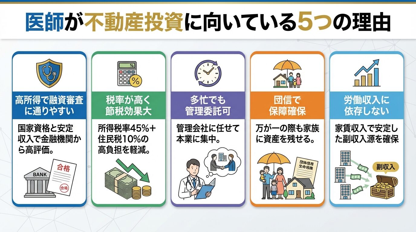 タイトル: 医師が不動産投資に向いている5つの理由。横並び5カードで: カード1(盾のアイコン)ヘッダー: 高所得で融資審査に通りやすい、説明: 国家資格と安定収入で金融機関から高評価。カード2(計算機のアイコン)ヘッダー: 税率が高く節税効果大、説明: 所得税率45%+住民税10%の高負担を軽減。カード3(時計のアイコン)ヘッダー: 多忙でも管理委託可、説明: 管理会社に任せて本業に集中。カード4(傘のアイコン)ヘッダー: 団信で保障確保、説明: 万が一の際も家族に資産を残せる。カード5(グラフのアイコン)ヘッダー: 労働収入に依存しない、説明: 家賃収入で安定した副収入源を確保
