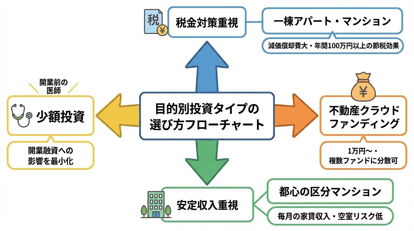 タイトル: 目的別投資タイプの選び方フローチャート。中央から4方向に分岐: 上方向(税金対策重視)→一棟アパート・マンション(減価償却費大・年間100万円以上の節税効果)。右方向(少額から始めたい)→不動産クラウドファンディング(1万円〜・複数ファンドに分散可)。下方向(安定収入重視)→都心の区分マンション(毎月の家賃収入・空室リスク低)。左方向(開業前の医師)→少額投資(開業融資への影響を最小化)