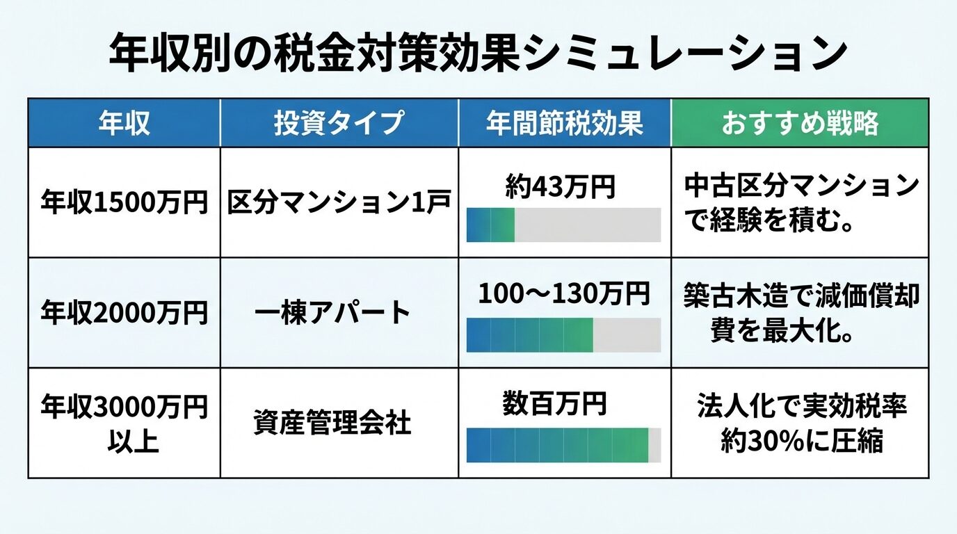 タイトル: 年収別の税金対策効果シミュレーション。3列の表: ヘッダー行: 年収 | 投資タイプ | 年間節税効果 | おすすめ戦略。行1: 年収1500万円 | 区分マンション1戸 | 約43万円 | 中古区分マンションで経験を積む。行2: 年収2000万円 | 一棟アパート | 100〜130万円 | 築古木造で減価償却費を最大化。行3: 年収3000万円以上 | 資産管理会社 | 数百万円 | 法人化で実効税率約30%に圧縮