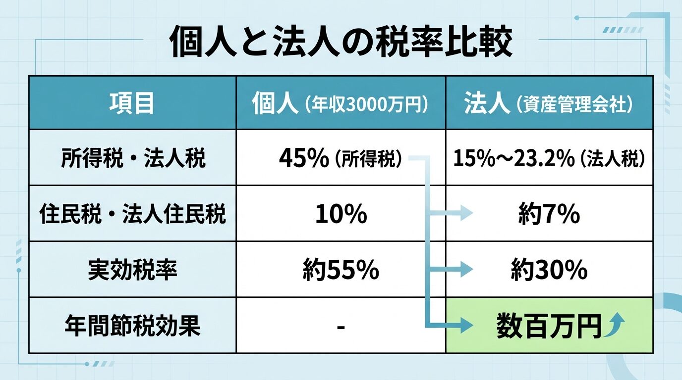 タイトル: 個人と法人の税率比較。2列の表: ヘッダー行: 項目 | 個人(年収3000万円) | 法人(資産管理会社)。行1: 所得税・法人税 | 45%(所得税) | 15%〜23.2%(法人税)。行2: 住民税・法人住民税 | 10% | 約7%。行3: 実効税率 | 約55% | 約30%。行4: 年間節税効果 | - | 数百万円