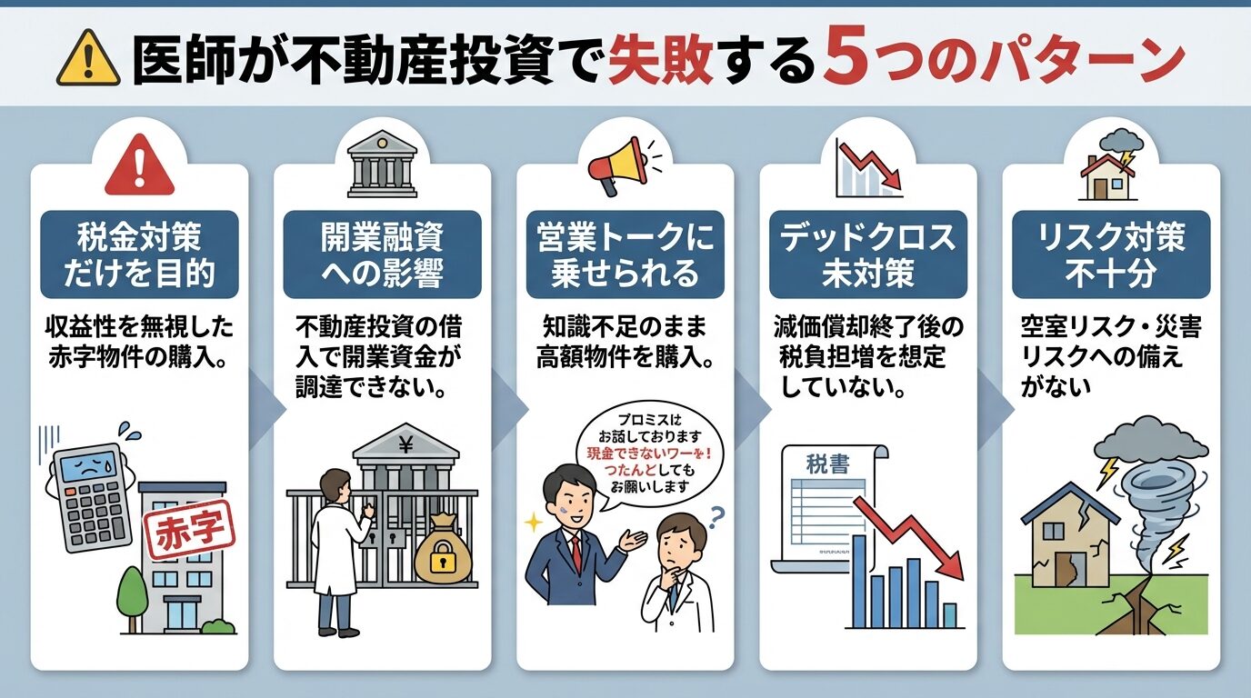 タイトル: 医師が不動産投資で失敗する5つのパターン。横並び5カードで: カード1(警告アイコン)ヘッダー: 税金対策だけを目的、説明: 収益性を無視した赤字物件の購入。カード2(銀行アイコン)ヘッダー: 開業融資への影響、説明: 不動産投資の借入で開業資金が調達できない。カード3(スピーカーアイコン)ヘッダー: 営業トークに乗せられる、説明: 知識不足のまま高額物件を購入。カード4(グラフ下降アイコン)ヘッダー: デッドクロス未対策、説明: 減価償却終了後の税負担増を想定していない。カード5(家アイコン)ヘッダー: リスク対策不十分、説明: 空室リスク・災害リスクへの備えがない