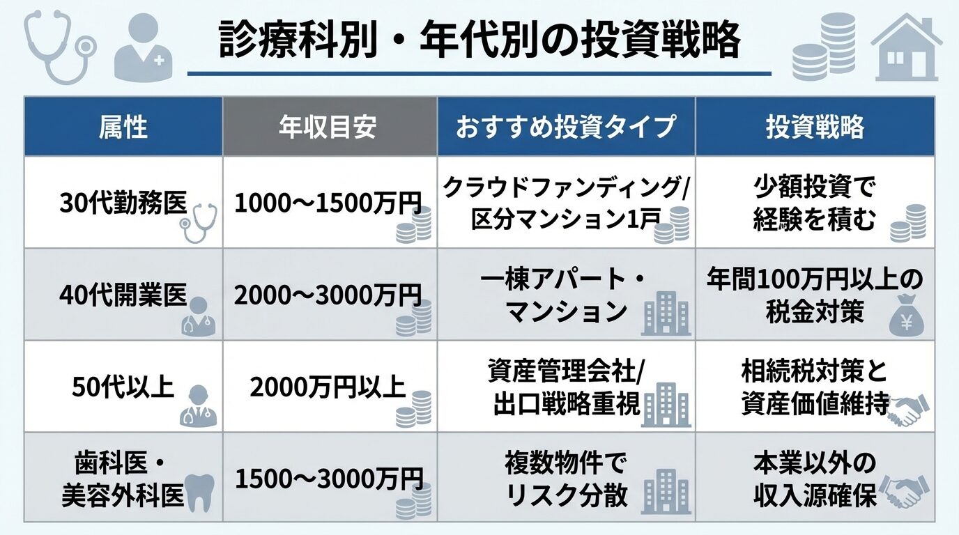 タイトル: 診療科別・年代別の投資戦略。4列の表: ヘッダー行: 属性 | 年収目安 | おすすめ投資タイプ | 投資戦略。行1: 30代勤務医 | 1000〜1500万円 | クラウドファンディング/区分マンション1戸 | 少額投資で経験を積む。行2: 40代開業医 | 2000〜3000万円 | 一棟アパート・マンション | 年間100万円以上の税金対策。行3: 50代以上 | 2000万円以上 | 資産管理会社/出口戦略重視 | 相続税対策と資産価値維持。行4: 歯科医・美容外科医 | 1500〜3000万円 | 複数物件でリスク分散 | 本業以外の収入源確保